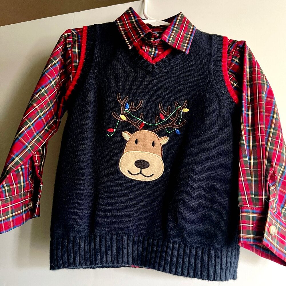 Good Lad Reindeer Sweater Vest and Plaid Shirt - 3T